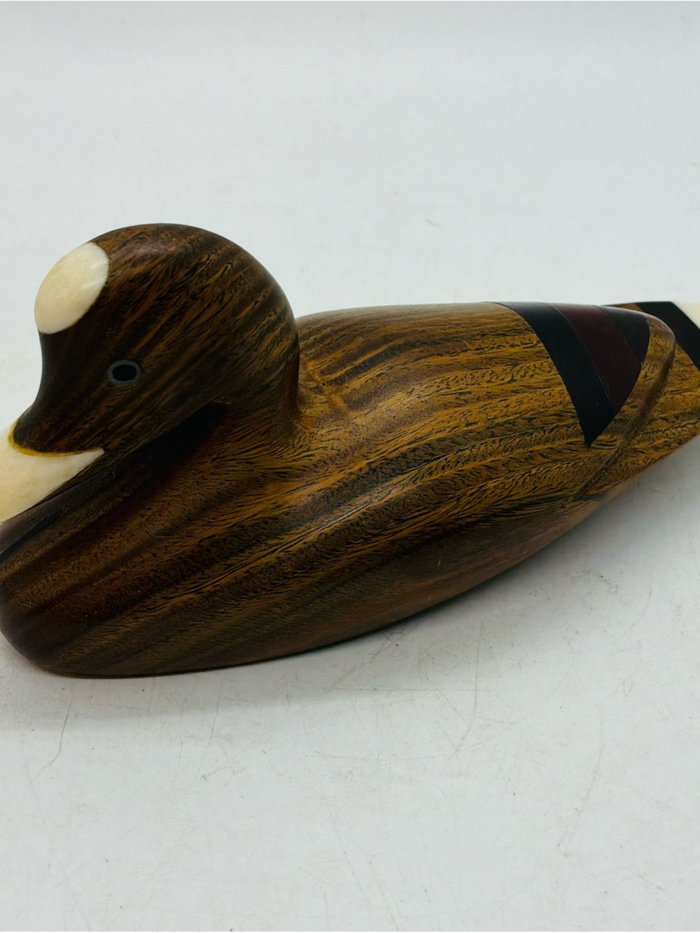 VTG MCM Wood Carved Duck Sculpture With Marquetry & Other Inlay Detail 5”L x 2”W